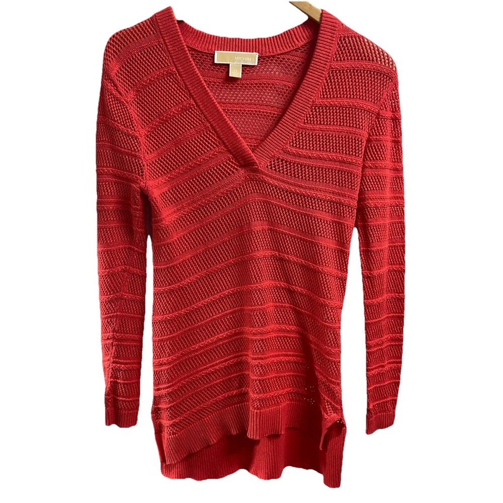 MICHAEL Michael Kors Womens V-Neck Mesh Knit Sweater, Coral Reef, Sz XS